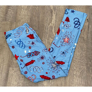LuLaRoe Leggings OS Americana 4th of July Fireworks Stars Confetti Blue NWOT